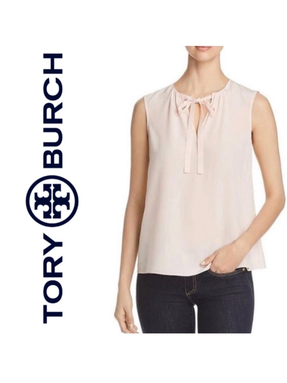 Tory Burch Soft Cream  Tie-Neck Sleeveless Jess Blouse Top S 6